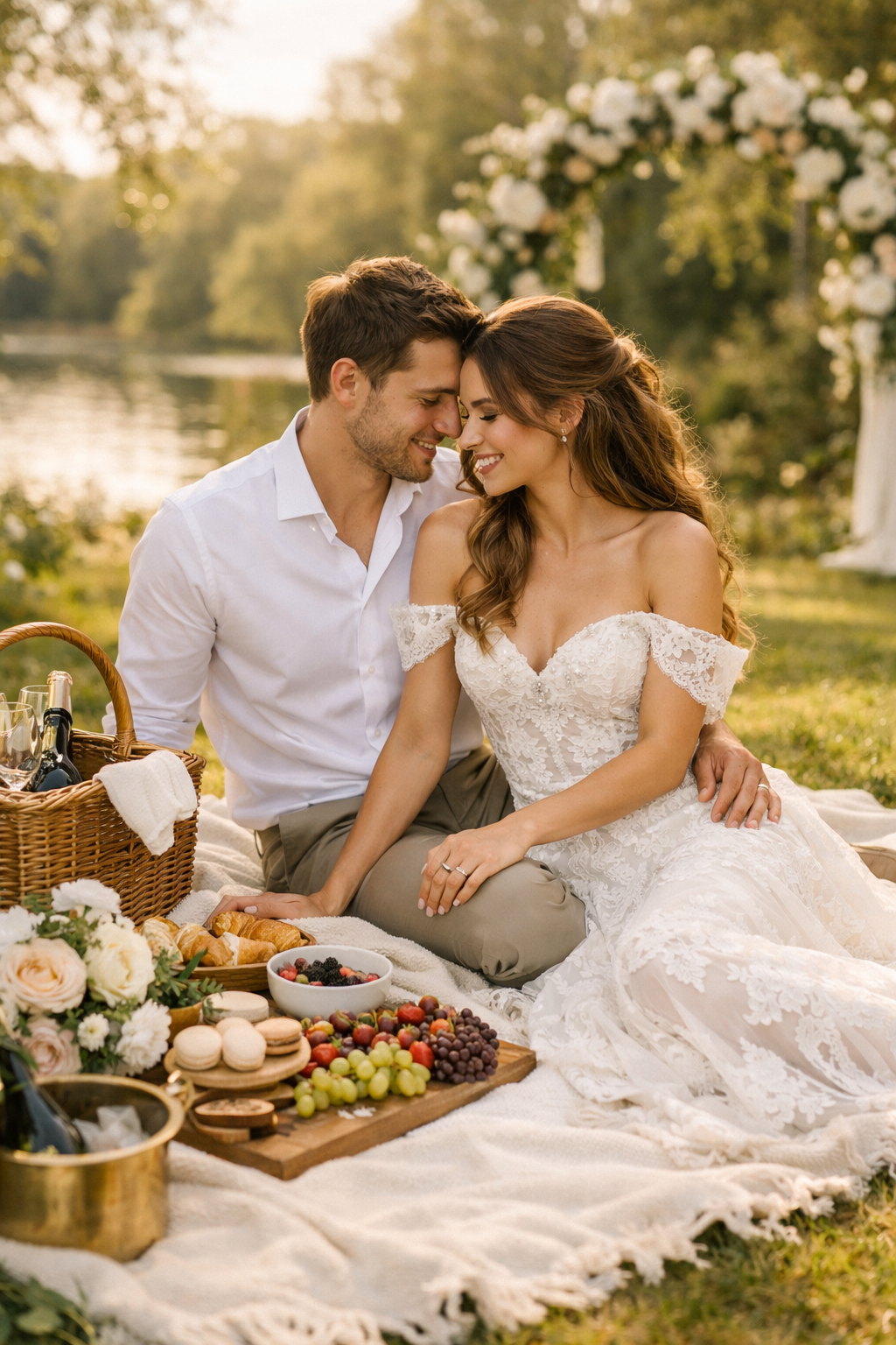 A couple sitting on a charming blanket in a beautiful natural setting, enjoying a picnic engagement photoshoot.