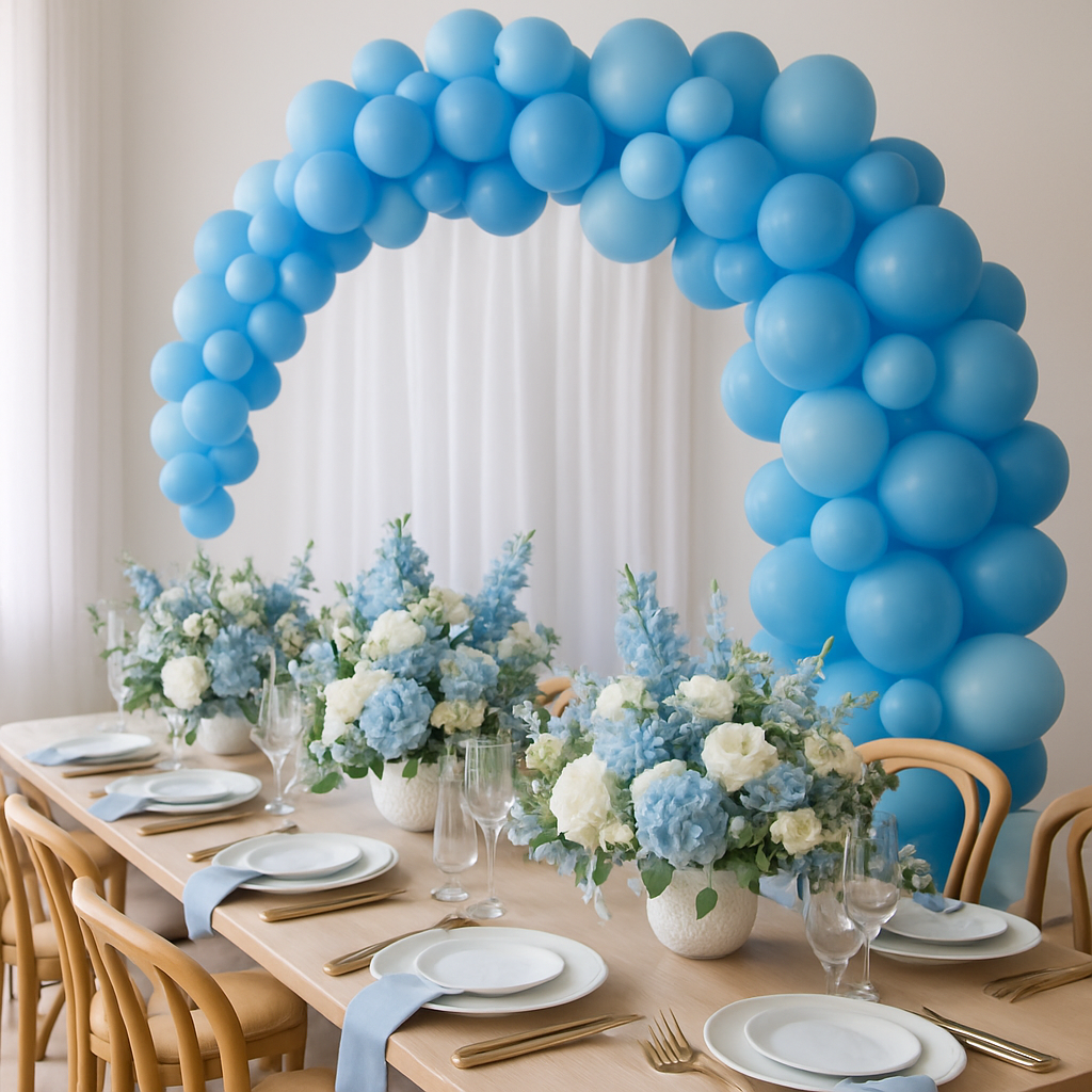 A beautifully decorated bridal shower table with a blue balloon arch and floral arrangements.