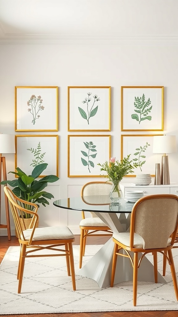 A dining area featuring charming botanical illustrations framed in gold, a round glass table, and light-colored chairs.