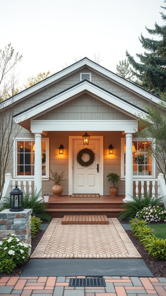 A charming bungalow with a welcoming front porch, white door, and beautiful landscaping.