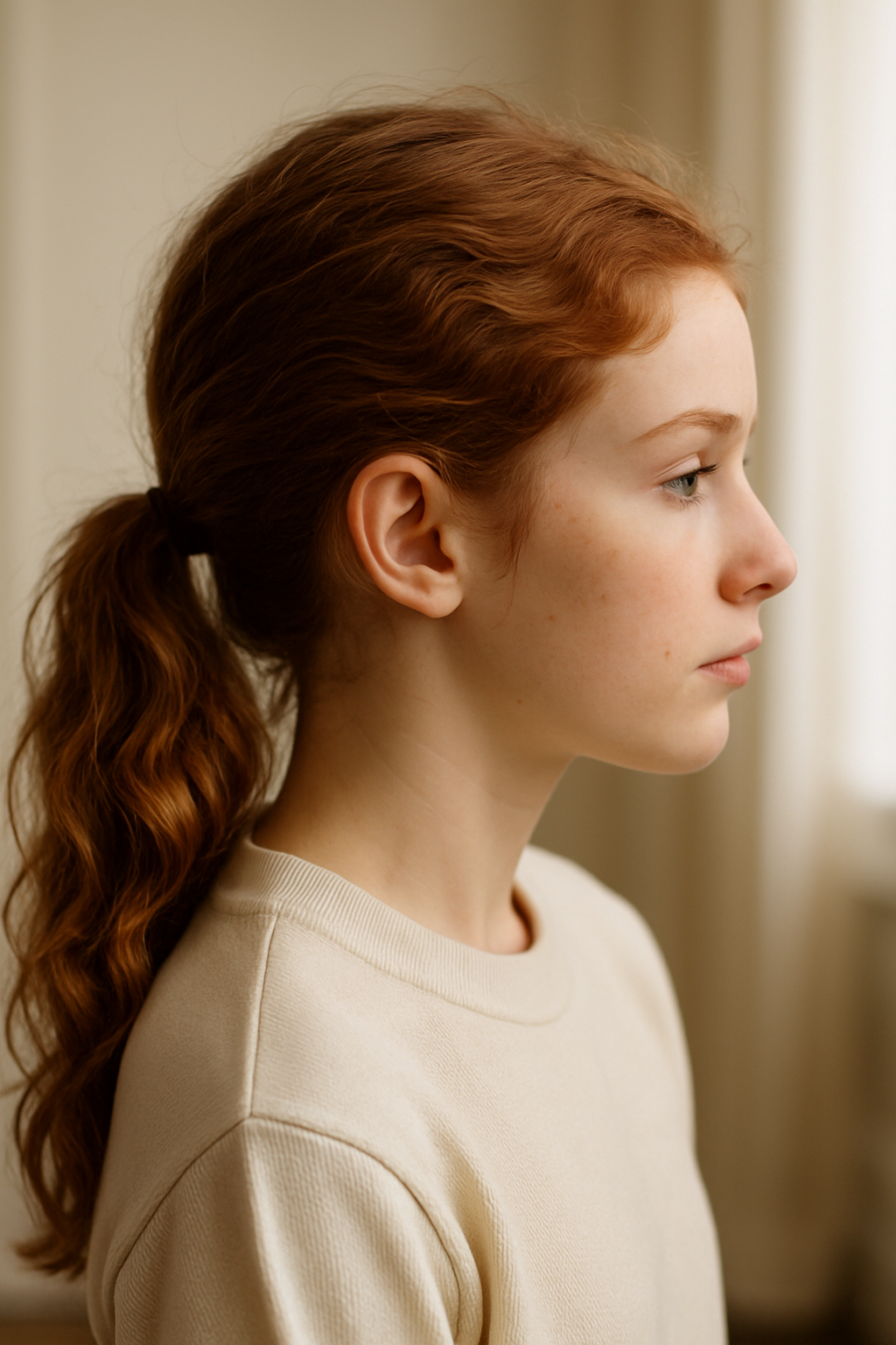 A young girl with red hair styled in a ponytail, showcasing a charming bun hairstyle.