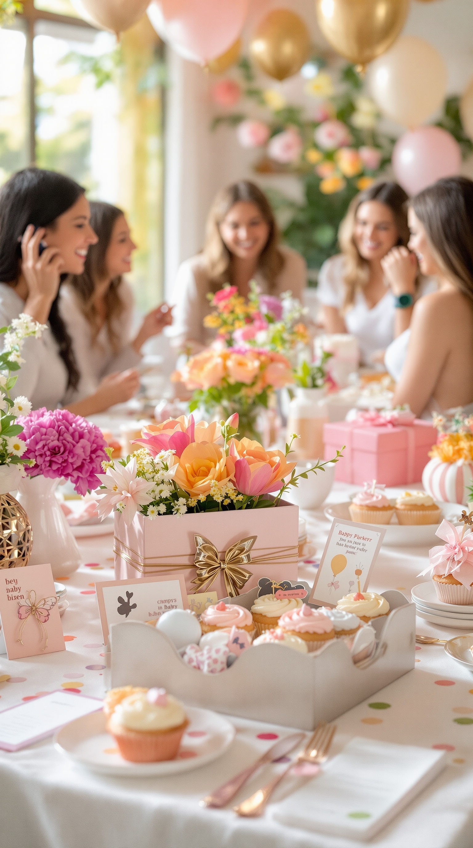 A beautifully arranged table for a butterfly-themed baby shower with flowers, cupcakes, and party favors.