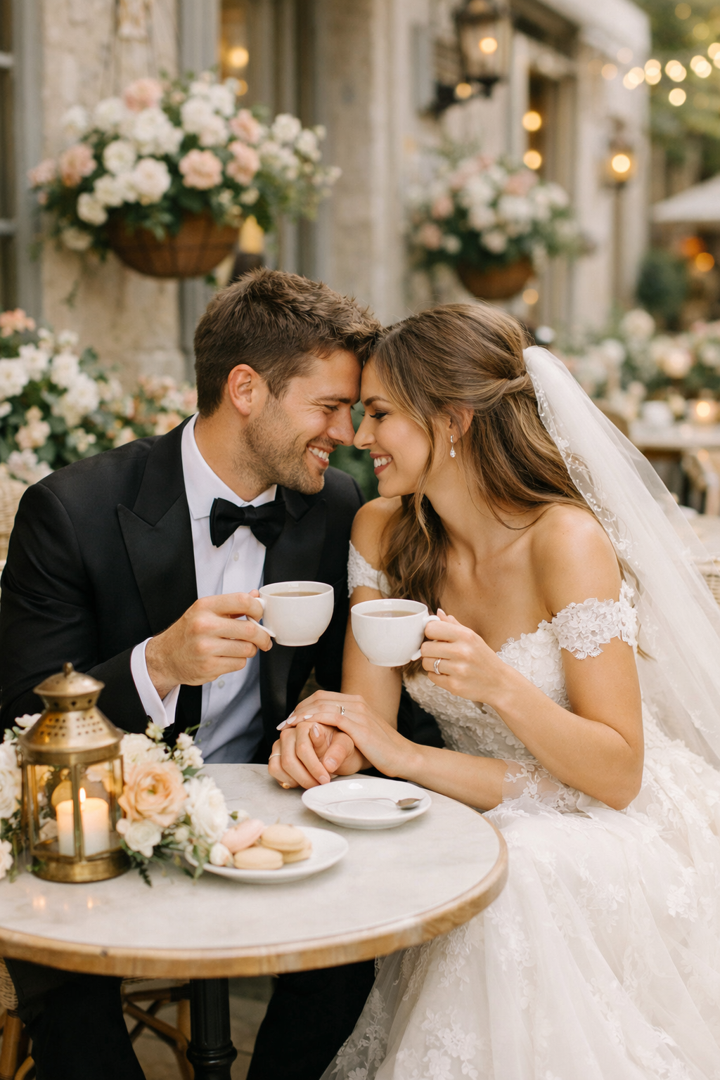 A couple in wedding attire sharing coffee at a café table adorned with flowers.