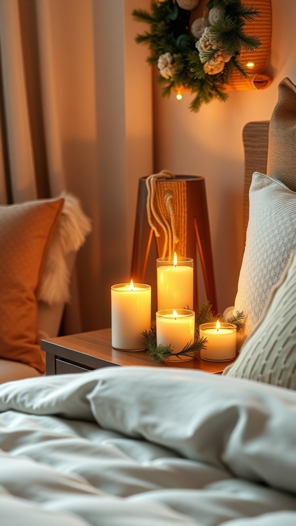 A cozy bedroom scene featuring glowing candles on a bedside table, surrounded by greenery and soft bedding.