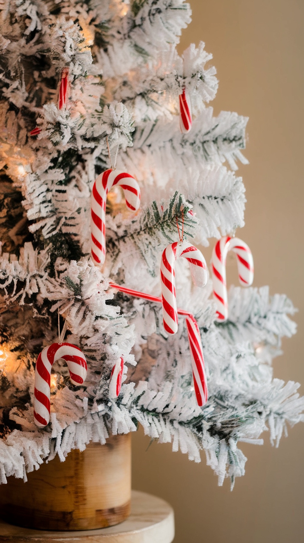 A white Christmas tree decorated with candy cane ornaments.