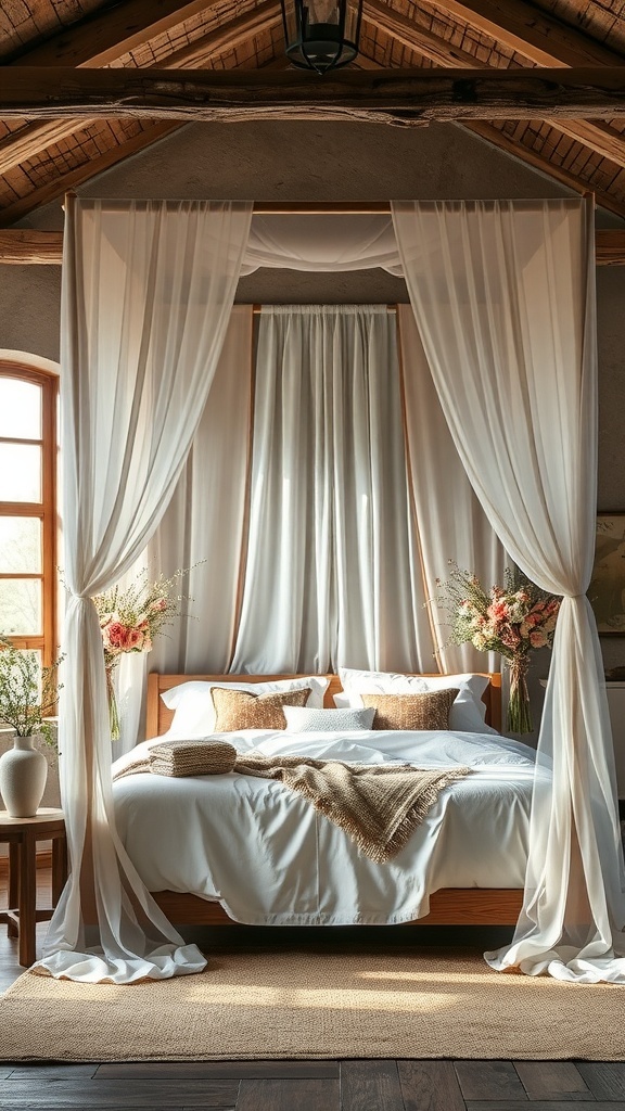 A rustic romantic bedroom featuring a charming canopy bed with soft curtains and natural wood accents.
