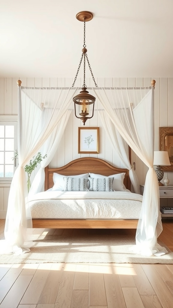 A vintage farmhouse bedroom featuring a wooden canopy bed with soft drapes and natural light.