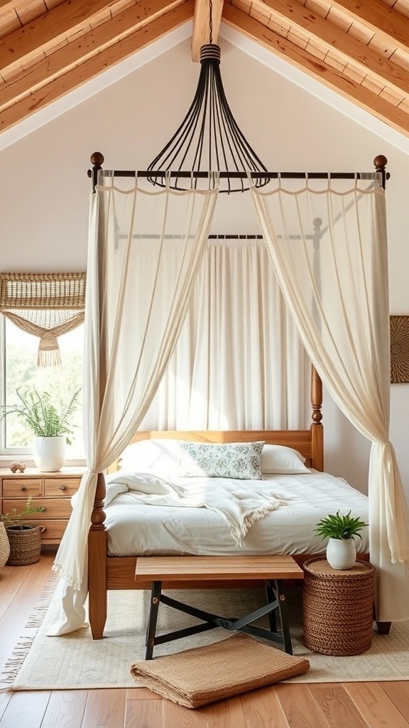 A cozy boho farmhouse bedroom featuring a wooden canopy bed with flowing curtains, warm wood tones, and natural decor elements.