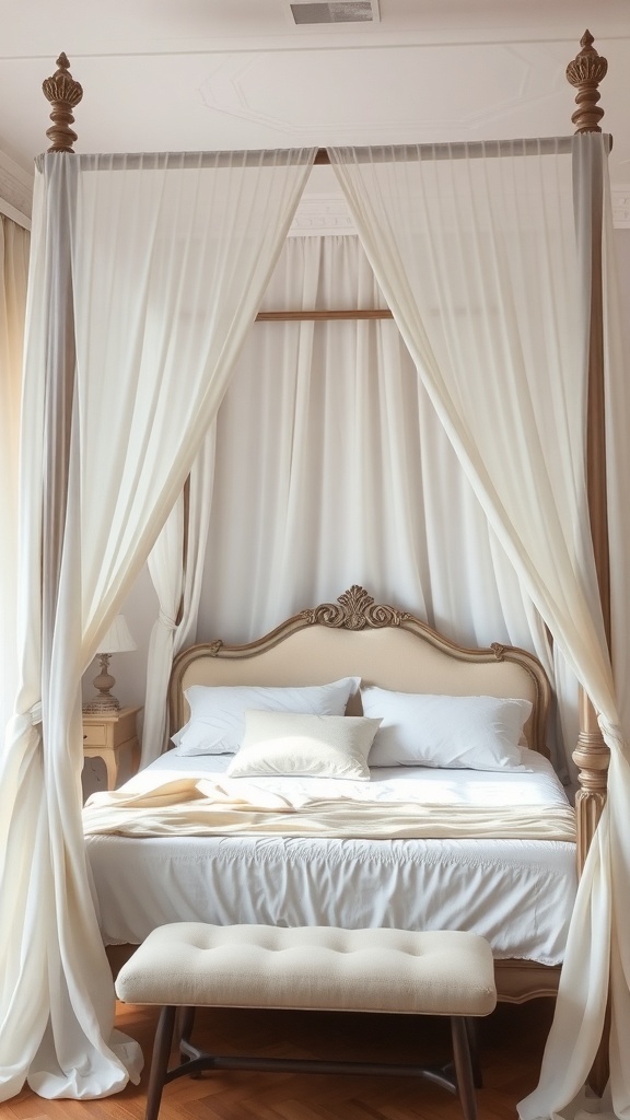 A charming vintage canopy bed with soft drapes and a classic headboard.