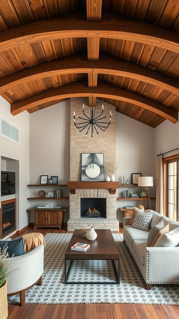 Cozy cabin living room with charming wooden ceiling beams