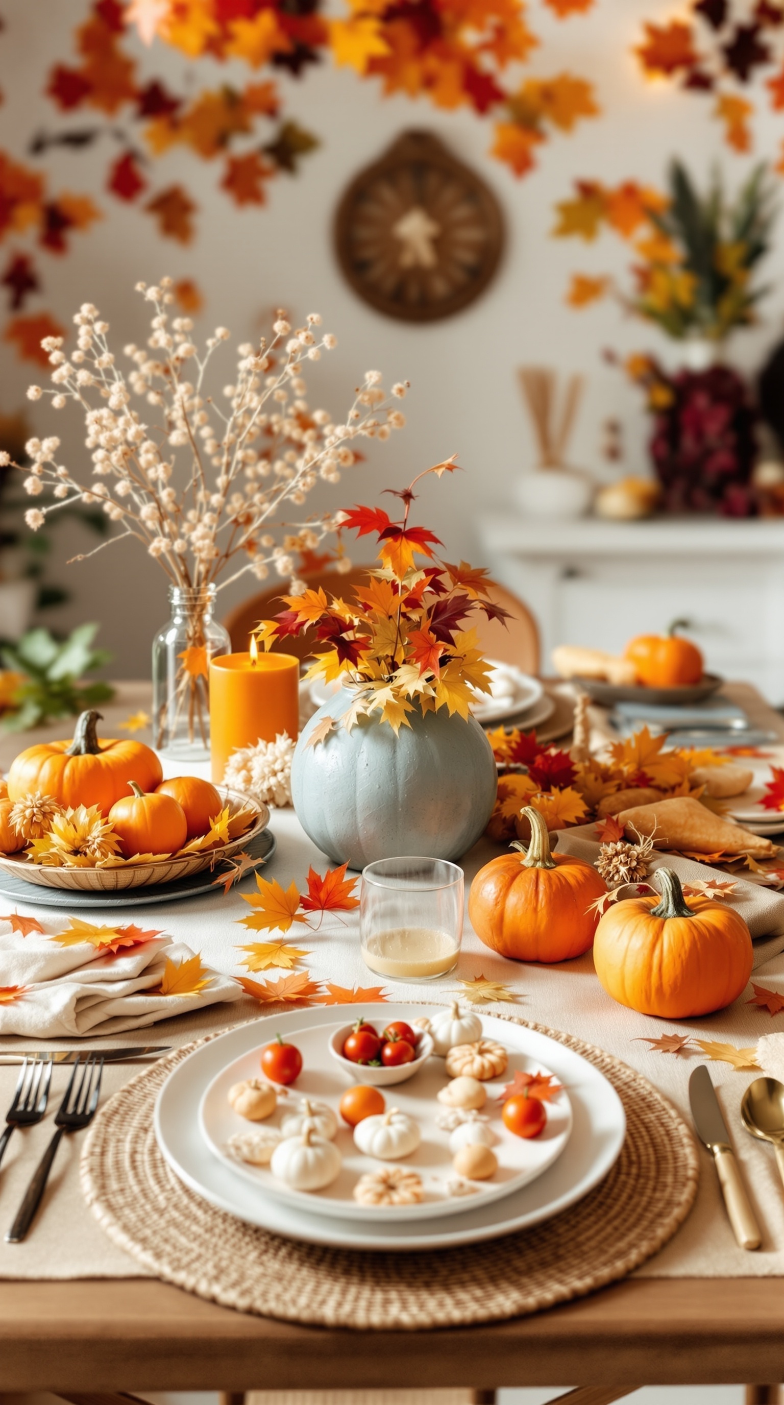 A charming children's Thanksgiving table setting with pumpkins, colorful leaves, and playful decorations.