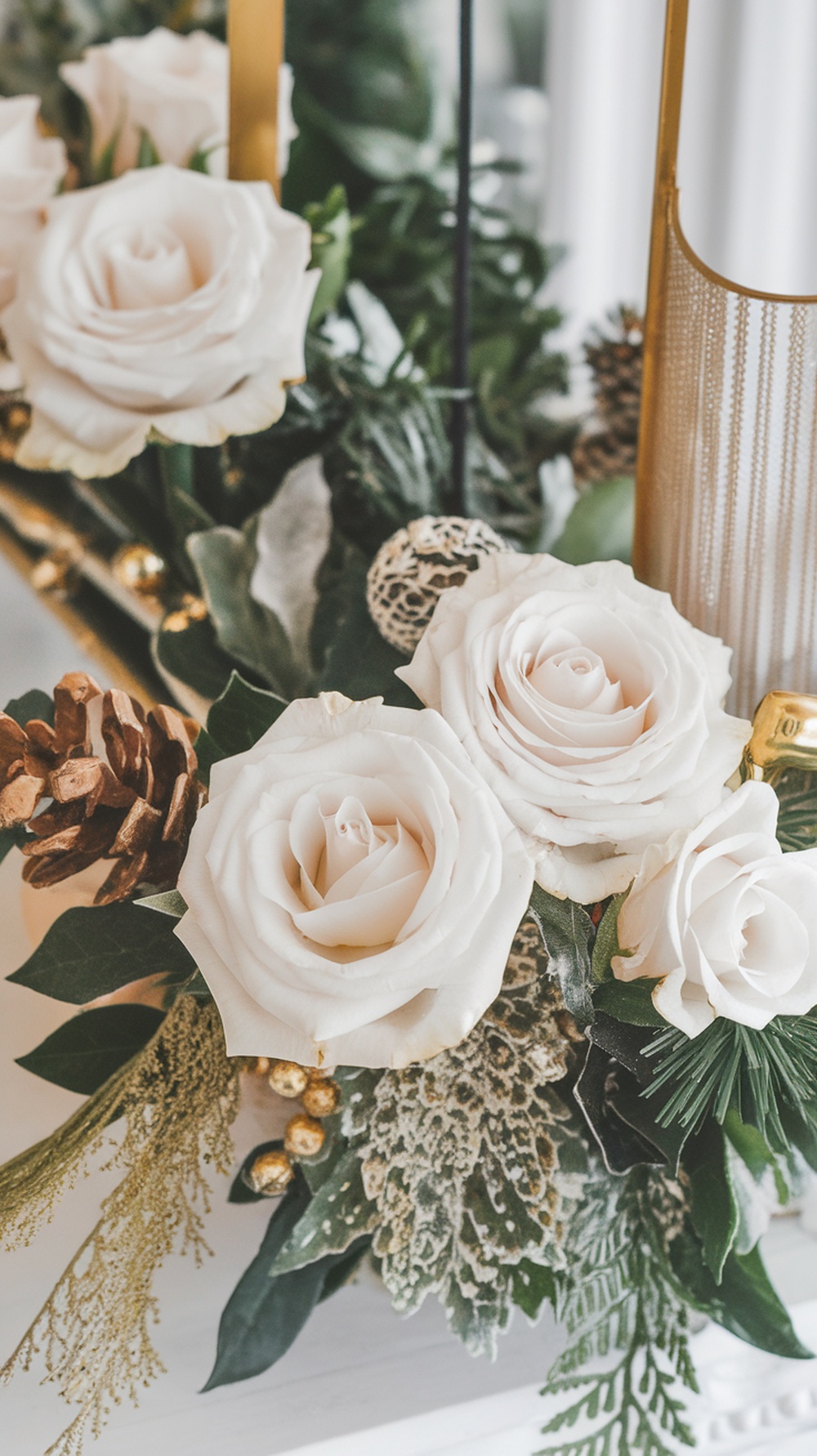A charming arrangement of white roses with pinecones and greenery, perfect for Christmas decor.