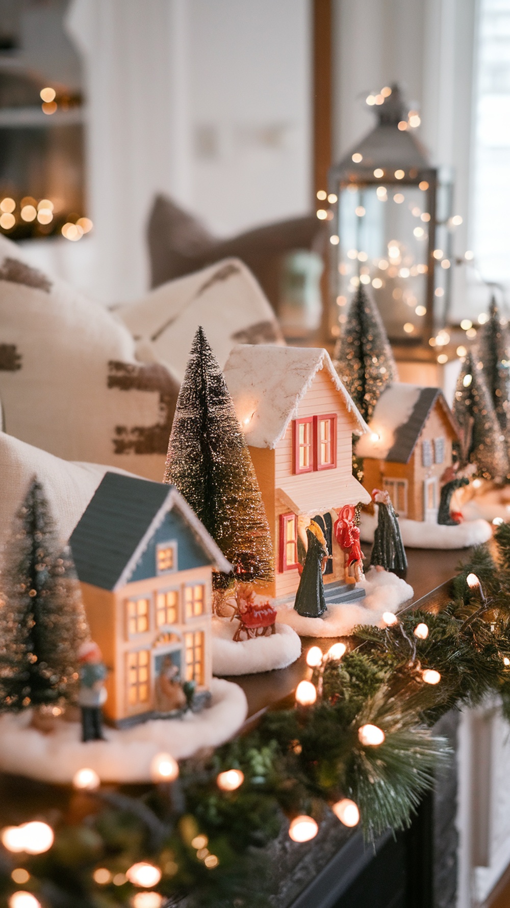 A cozy Christmas village scene with miniature houses, trees, and festive figures.
