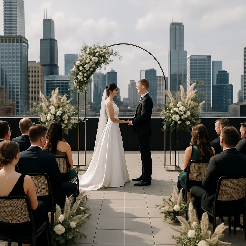 A couple exchanging vows at a wedding ceremony with a city skyline in the background.