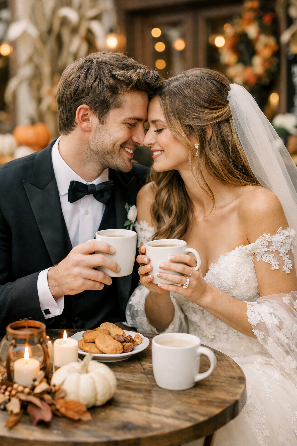 A couple enjoying coffee on a rustic table, surrounded by fall decorations.