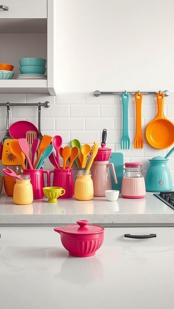 A colorful collection of kitchen utensils including spatulas, bowls, and jars in vibrant colors like pink, yellow, and turquoise.