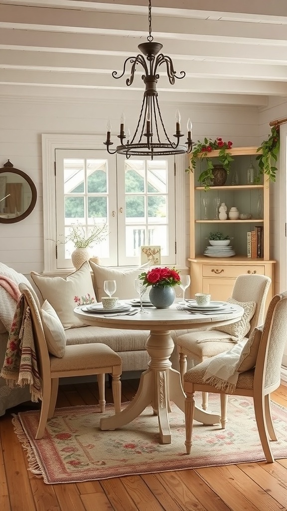 Cozy cottage dining area with round table, plush seating, and chandelier.