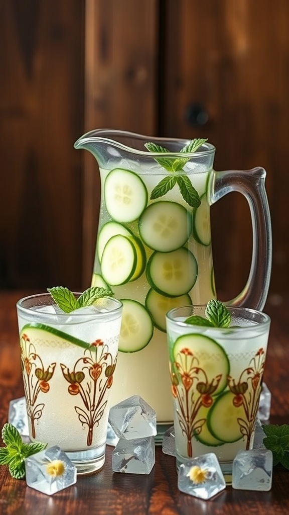 A pitcher of cucumber cooler with slices of cucumber and mint, served in glasses with ice.