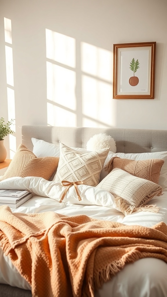 A cozy shabby chic bedroom featuring an arrangement of decorative pillows in soft tones, complemented by a warm throw blanket.