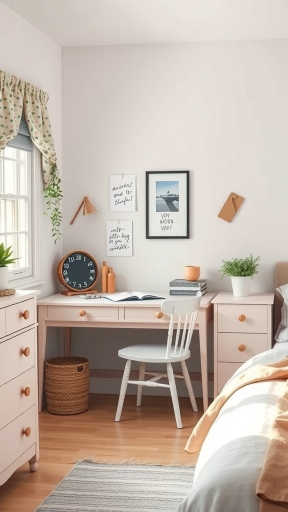A charming desk space in a country teen bedroom with a light wood desk, clock, plant, and framed art on the wall.