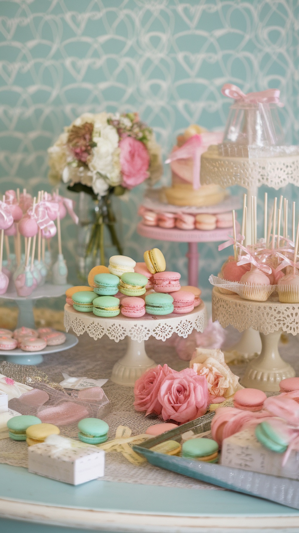 A beautifully arranged dessert table featuring macarons, cake pops, cupcakes, and fresh flowers.