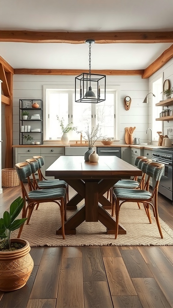 A modern rustic dining area featuring a large wooden table, comfortable chairs, and natural light.