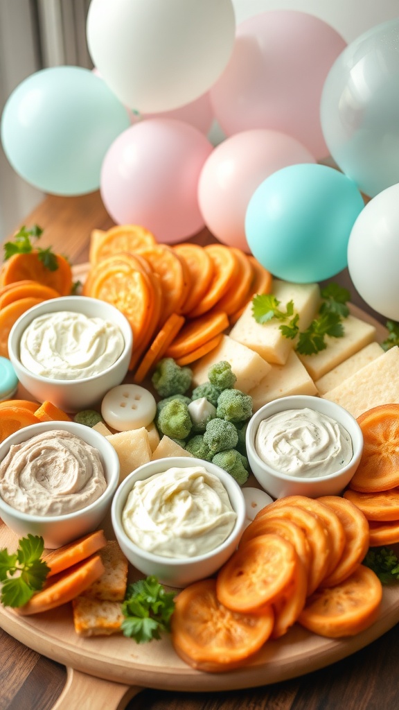 A charcuterie board featuring dips, cheese, and fresh vegetables, decorated with pastel balloons in the background.