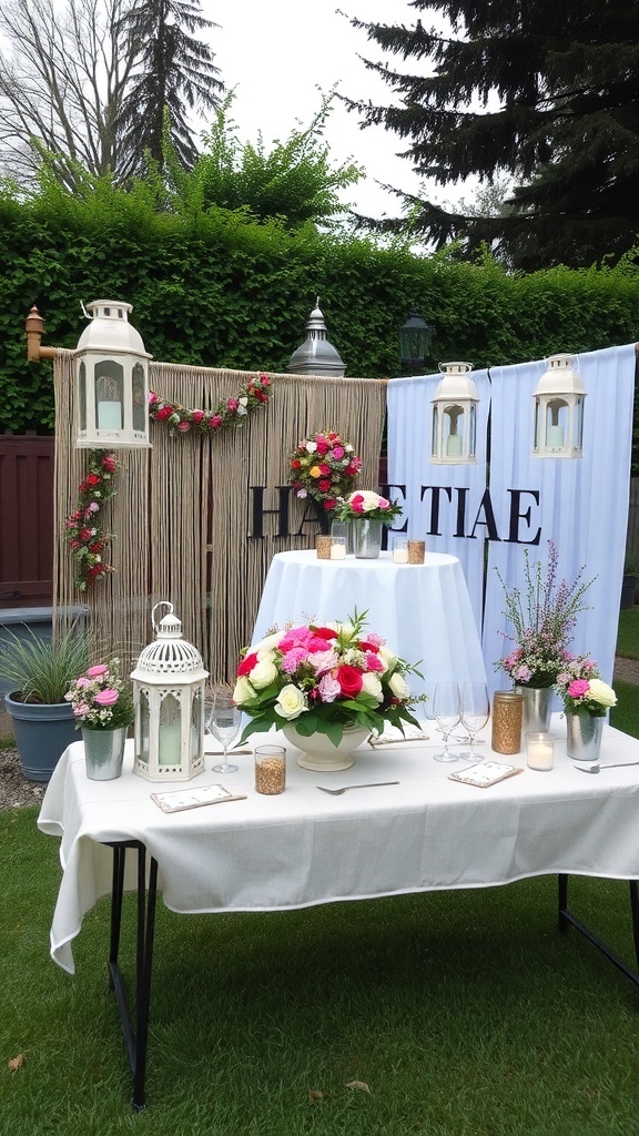 A charming backyard wedding setup with floral decorations, lanterns, and a beautifully arranged table.