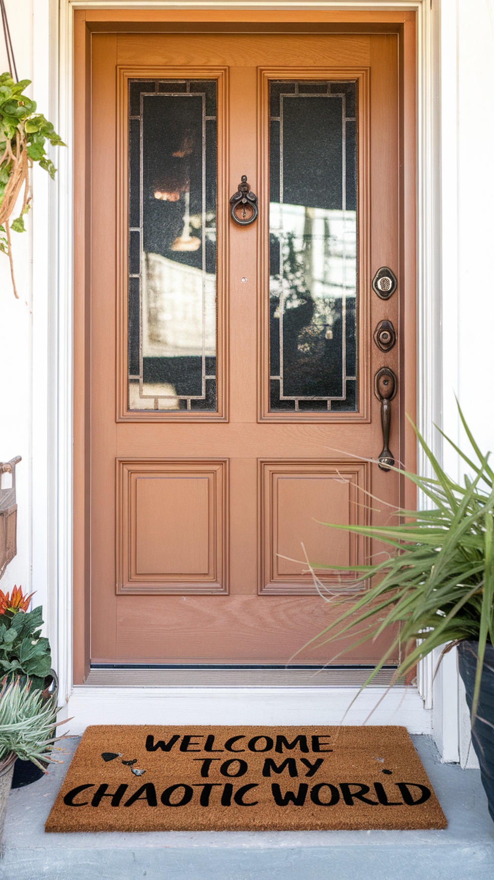 A charming door mat that says 'WELCOME TO MY CHAOTIC WORLD' in bold letters, placed in front of a stylish door.