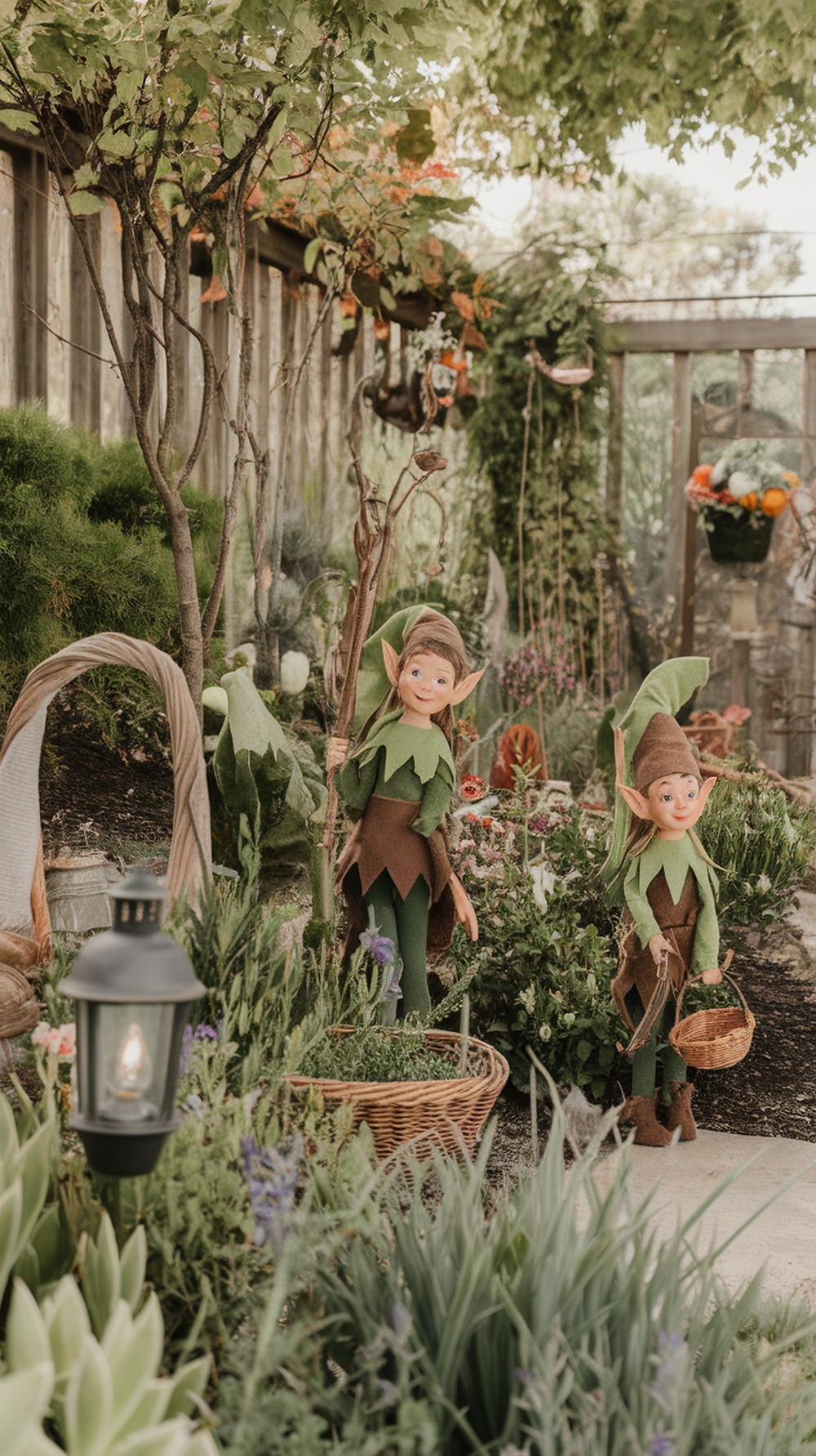 Two charming elf figures in a garden, surrounded by greenery and flowers.