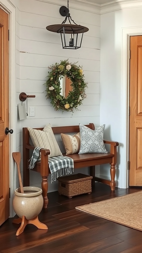 A rustic entryway featuring a wooden bench with cushions, a wreath on the wall, and a lantern light fixture.