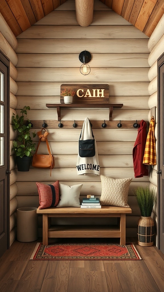Cozy rustic cabin entryway with wooden walls, a bench, colorful pillows, and a welcoming sign.