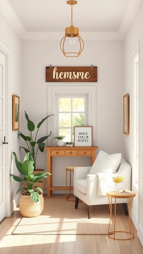 A small foyer with a wooden sign that says 'hemsme', a cozy chair, a small table, and plants.