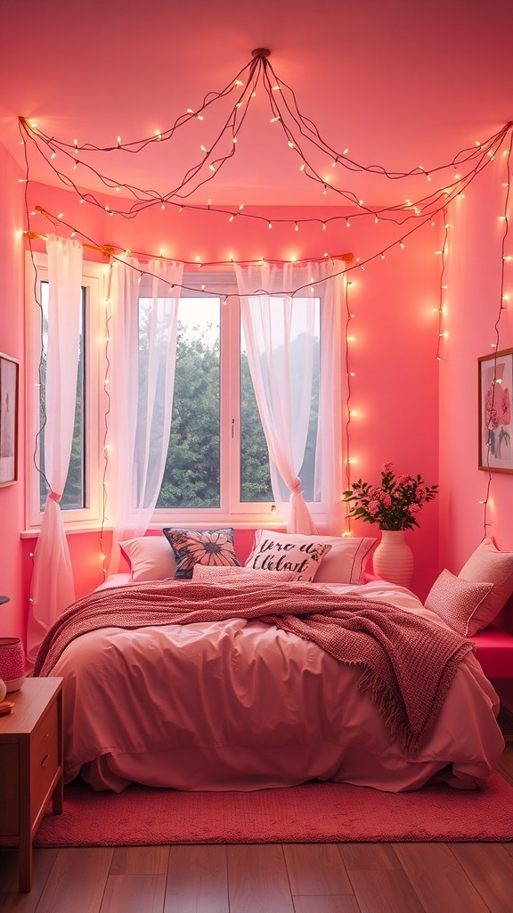 A cozy pink bedroom decorated with fairy lights, showcasing a warm and inviting atmosphere.