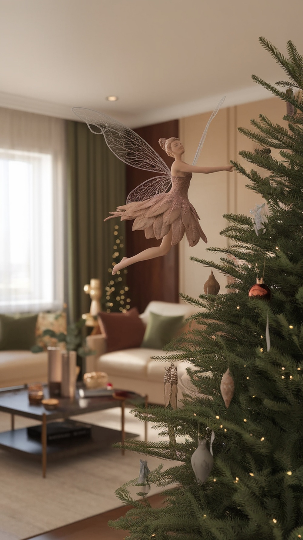 A charming fairy tree topper with delicate wings, perched on a Christmas tree in a cozy living room.