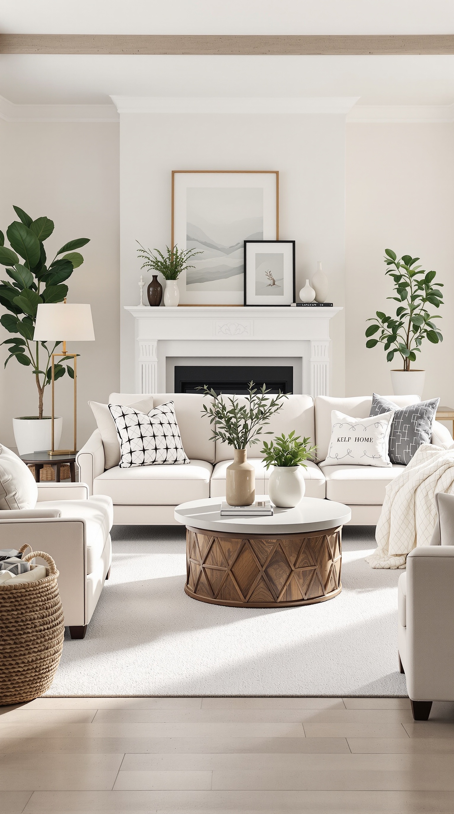A cozy French country family room featuring light sofas, a wooden coffee table, and decorative plants.