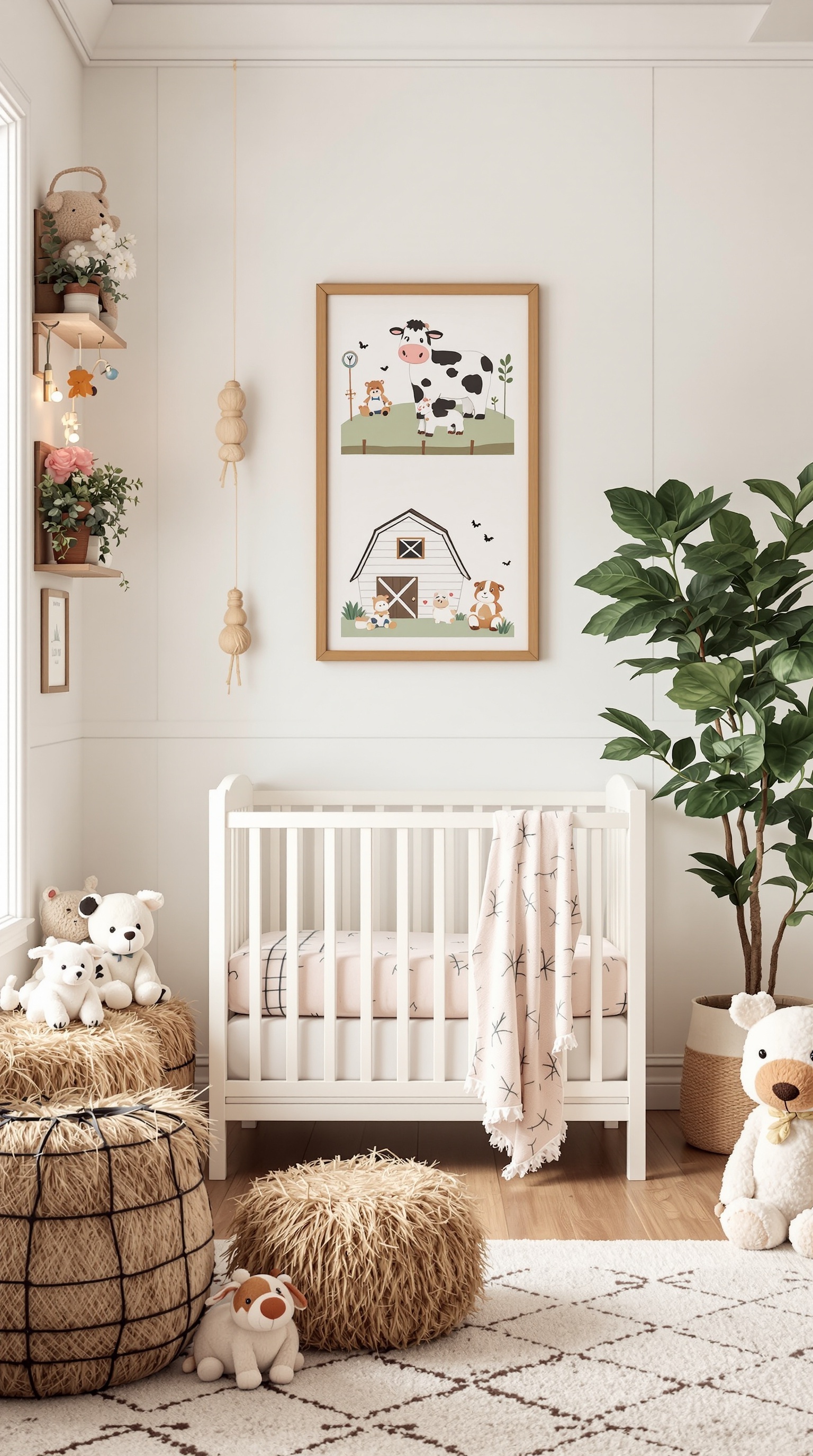 A cozy baby room with a farmyard theme featuring a crib, plush toys, and farm animal artwork.