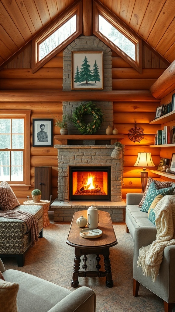 Cozy cabin interior featuring a charming fireplace, wooden walls, and comfortable seating.