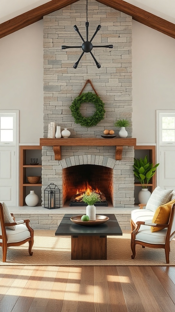 A rustic farmhouse fireplace with built-in seating, featuring a stone structure, warm flames, and cozy chairs.