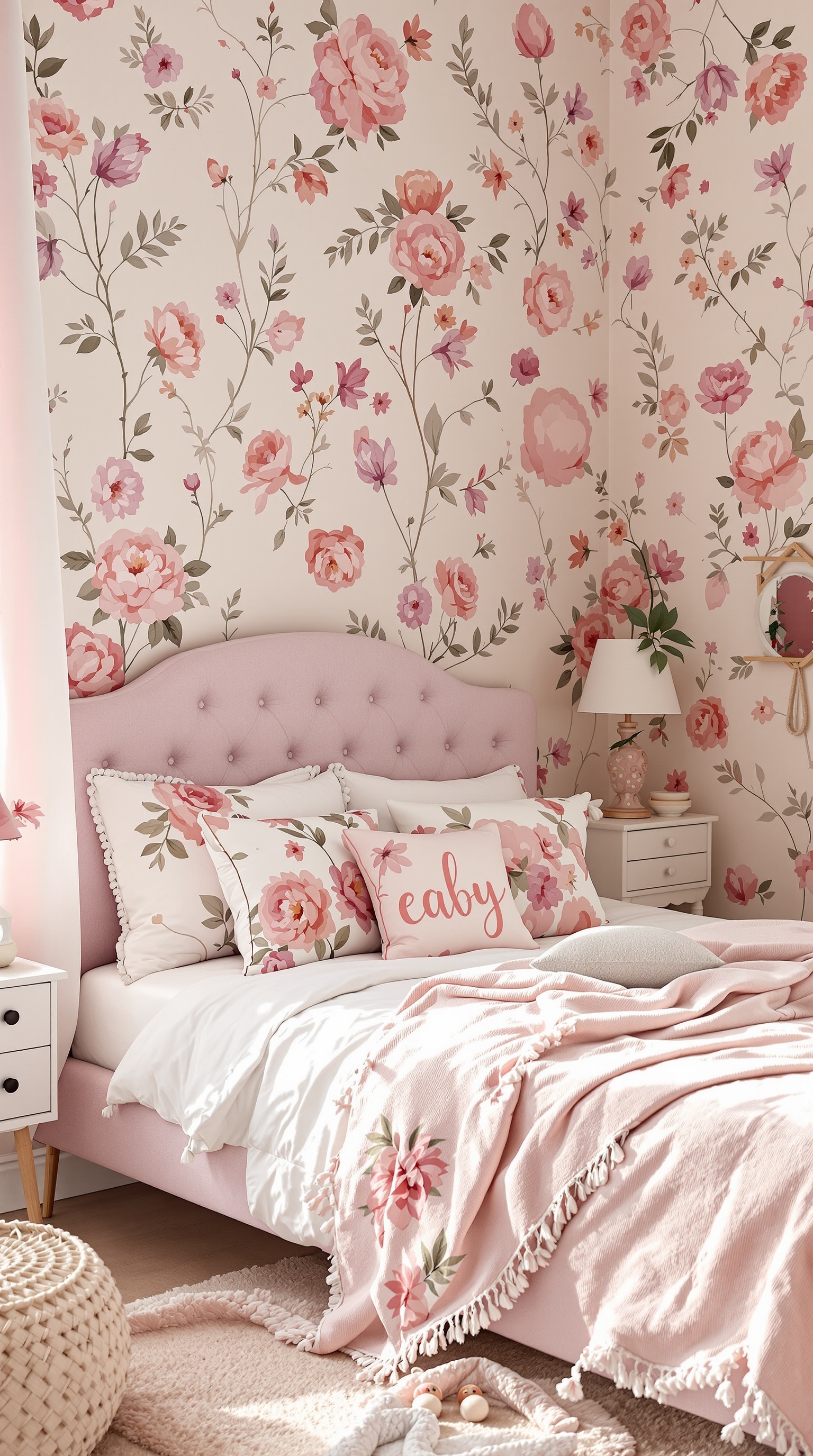 A baby girl's bedroom with floral wallpaper, a pink headboard, and decorative pillows.