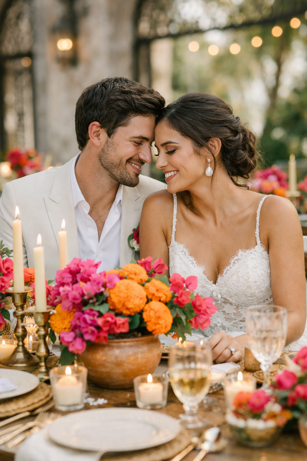 A heartfelt moment between a couple at a wedding with vibrant floral arrangements