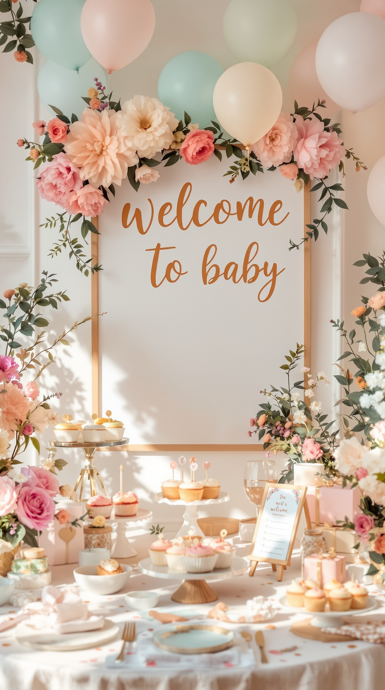 A beautifully decorated baby shower welcome sign with floral accents and pastel balloons, featuring a table filled with treats.