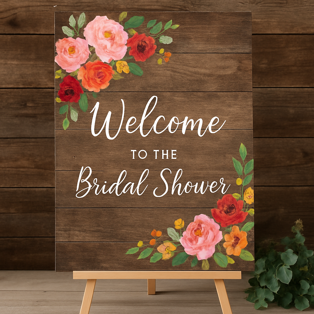 A welcome sign for a bridal shower featuring floral designs on a wooden background.