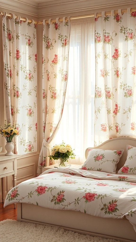 A shabby chic bedroom featuring floral curtains and bedding with soft pink roses.