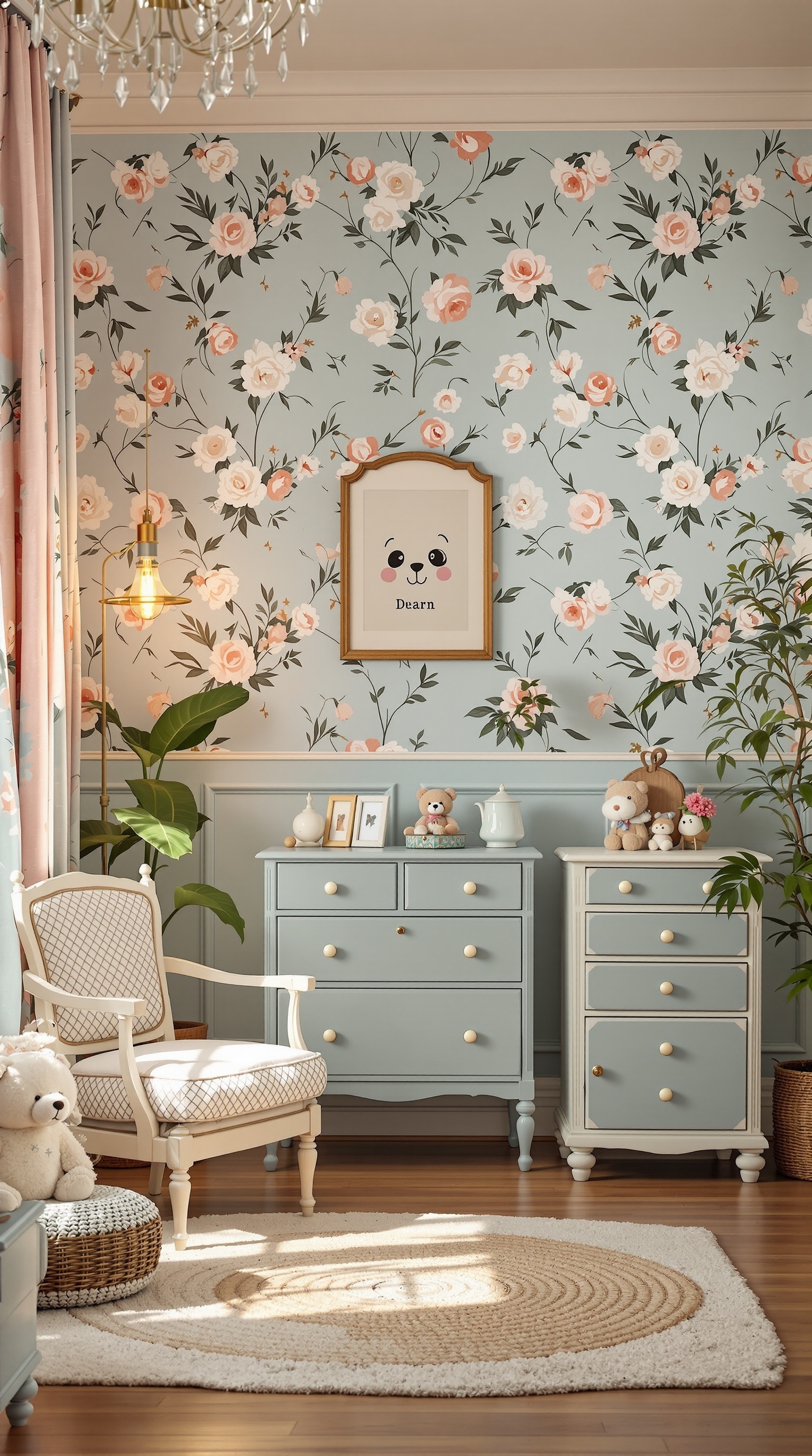 A vintage toddler room with floral wallpaper featuring pink roses on a blue background, light blue furniture, and cozy decor.