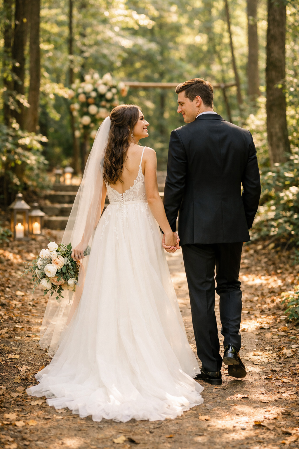 A couple holding hands while walking down a charming forest path, surrounded by trees and a romantic setting.