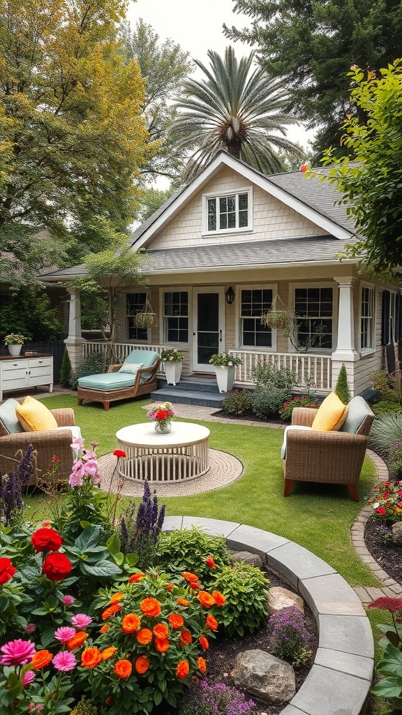 A charming one-storey house with a beautiful garden featuring colorful flowers and comfortable seating.