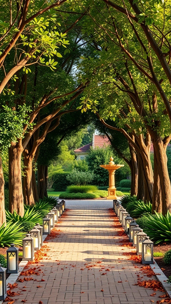 A picturesque garden pathway lined with lanterns and surrounded by lush greenery.
