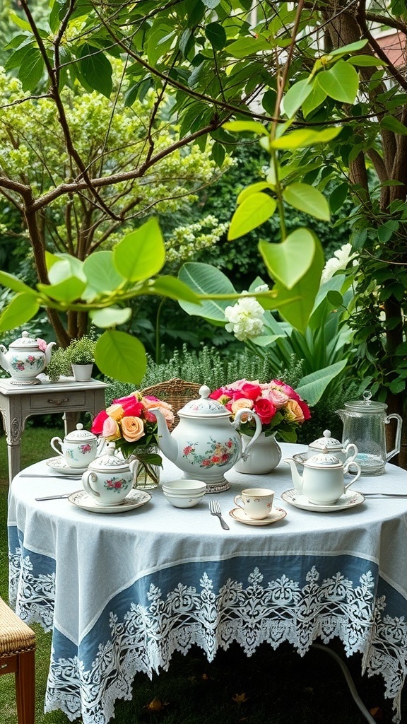 A beautifully arranged table for a garden tea party, featuring tea sets and flowers.