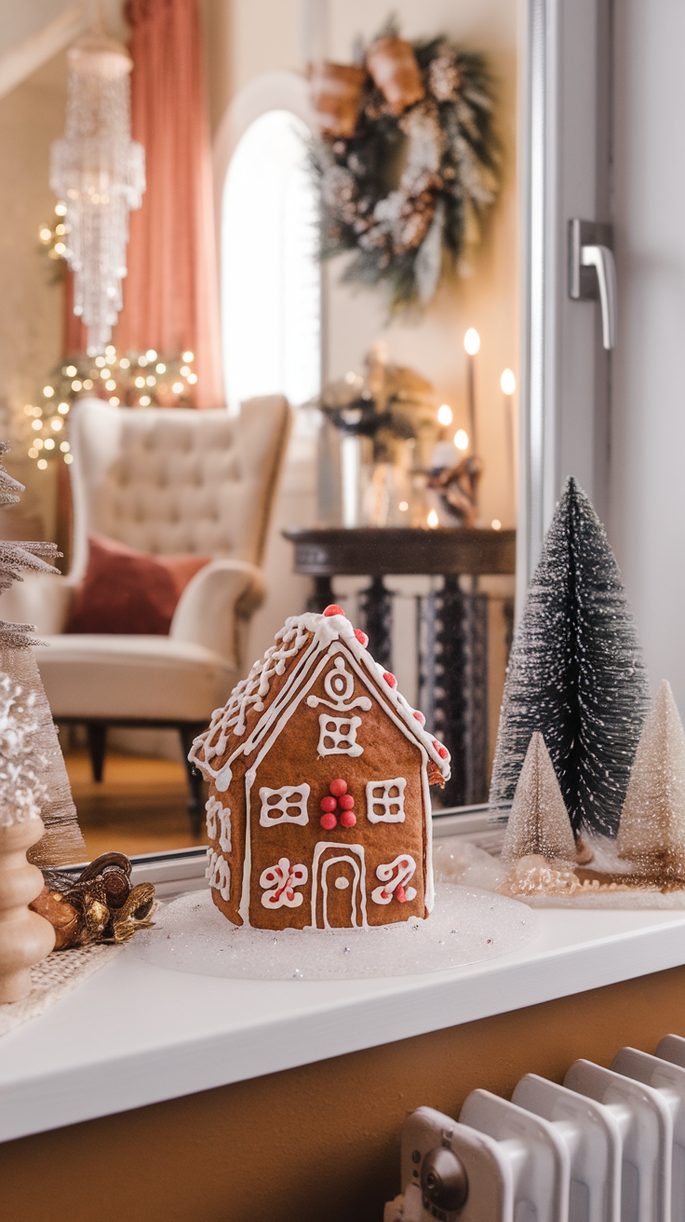 A beautifully decorated gingerbread house on a windowsill, surrounded by festive decorations and a cozy room.